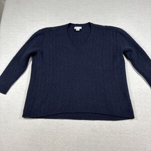 Nordstrom Signature Cashmere V-neck Herringbone Sweater Womens L Navy Tweed